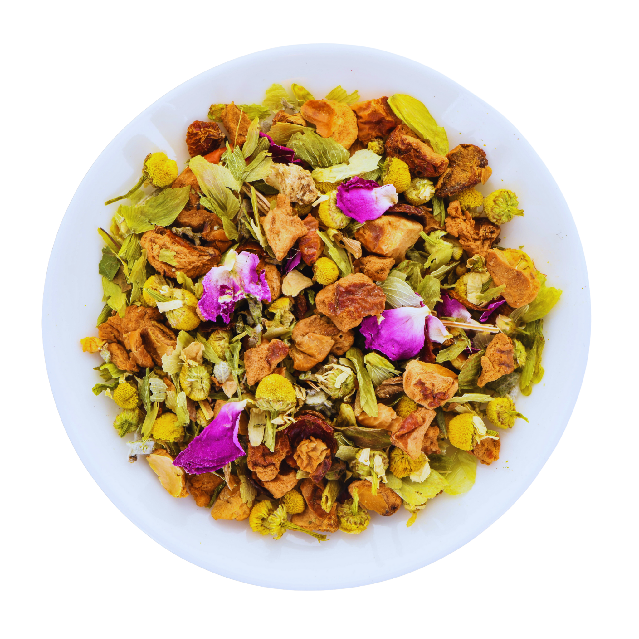Colorful herbs and flowers in a white bowl