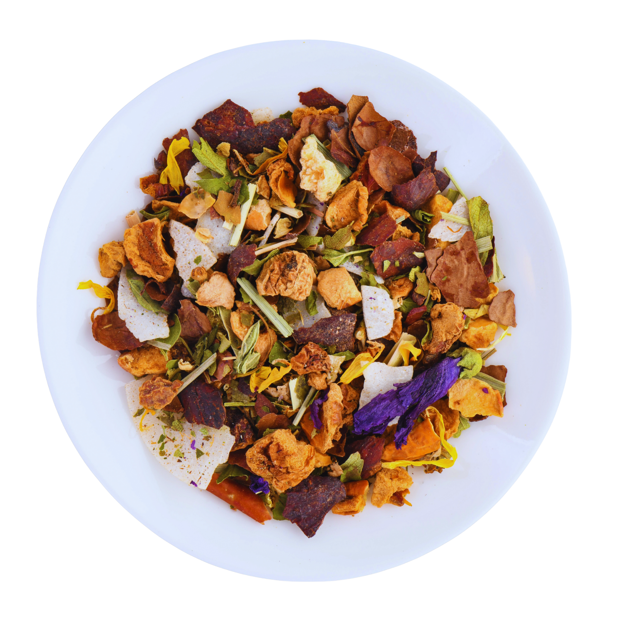 Colorful mix of herbs in a white bowl