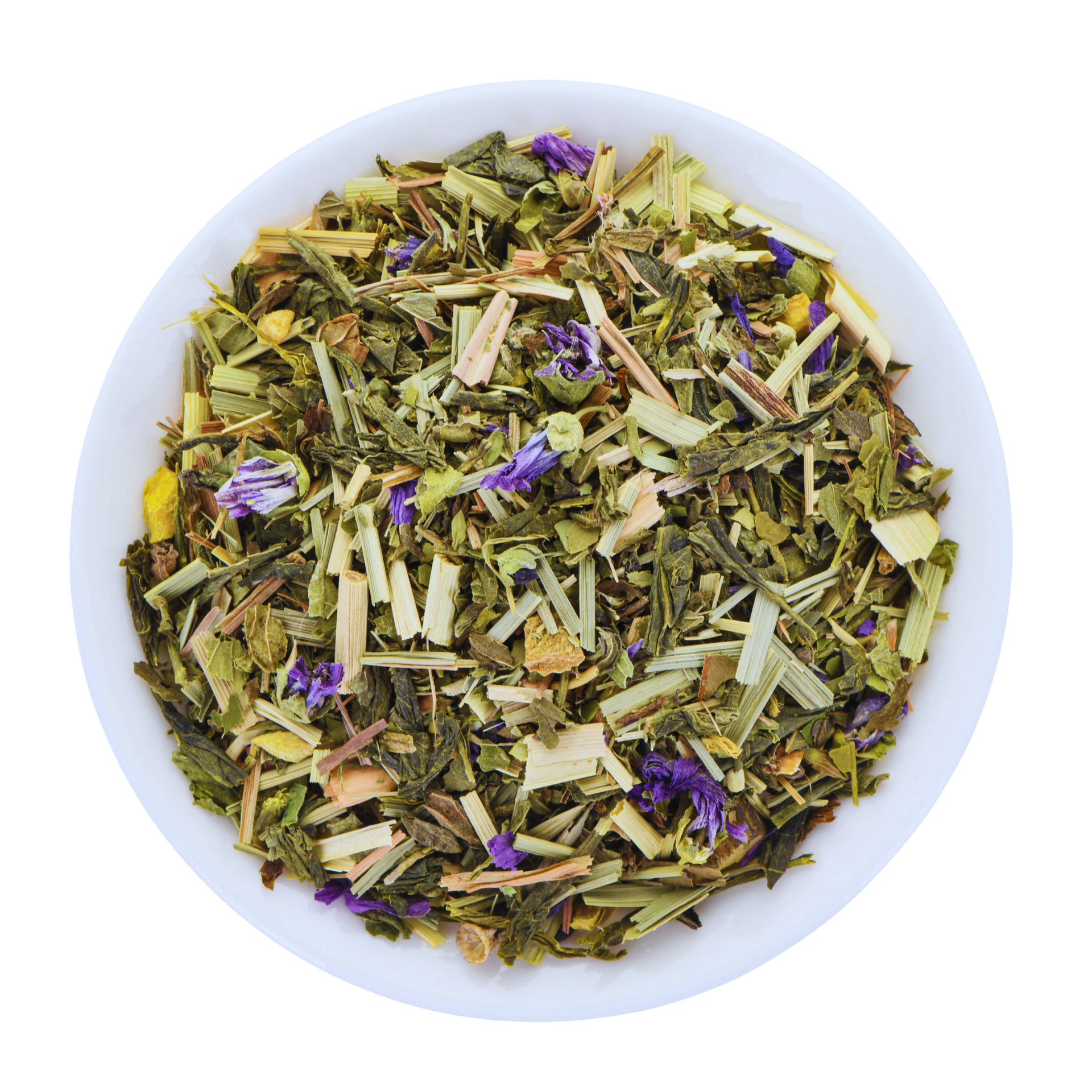 Assorted herbal tea leaves in a white bowl