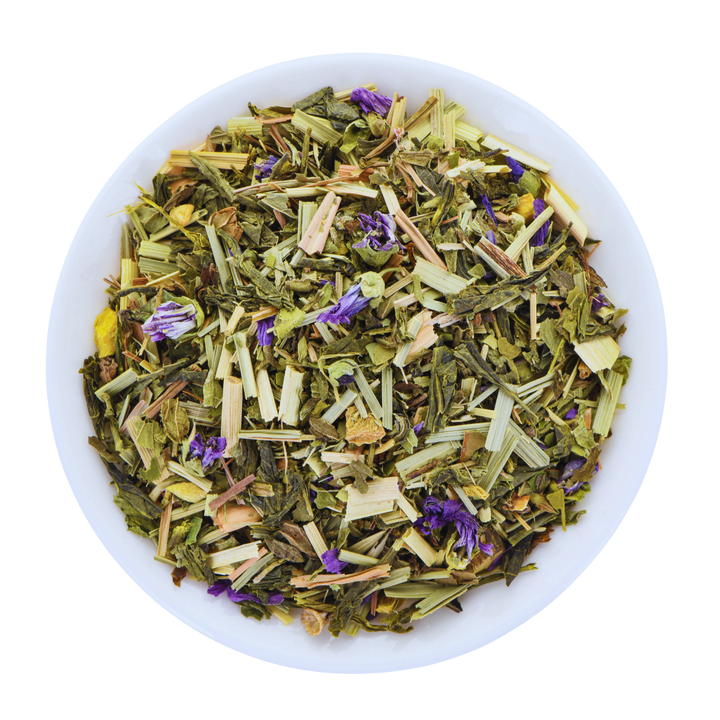 Assorted herbal tea leaves in a white bowl