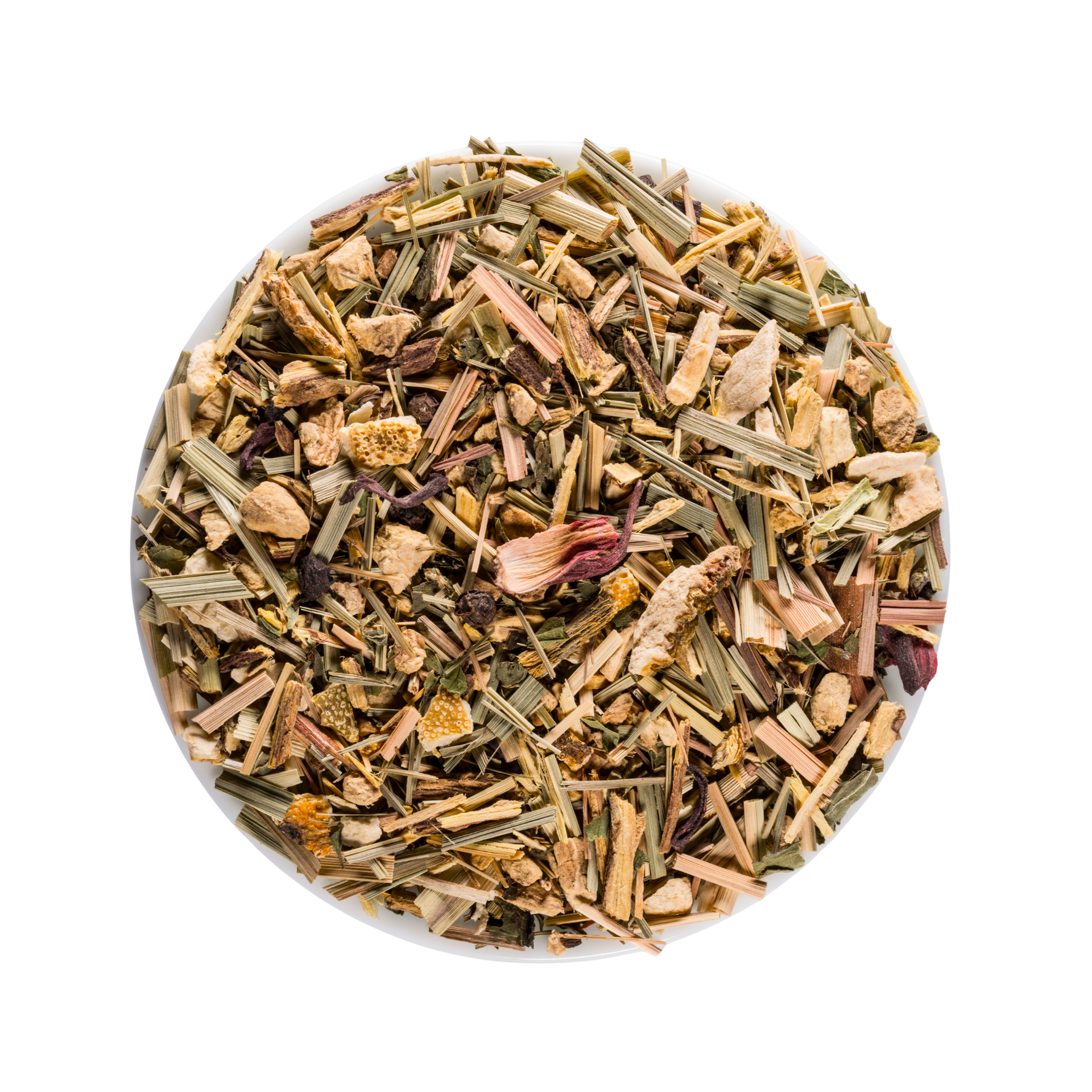 Assorted dried herbs and plants in a white bowl