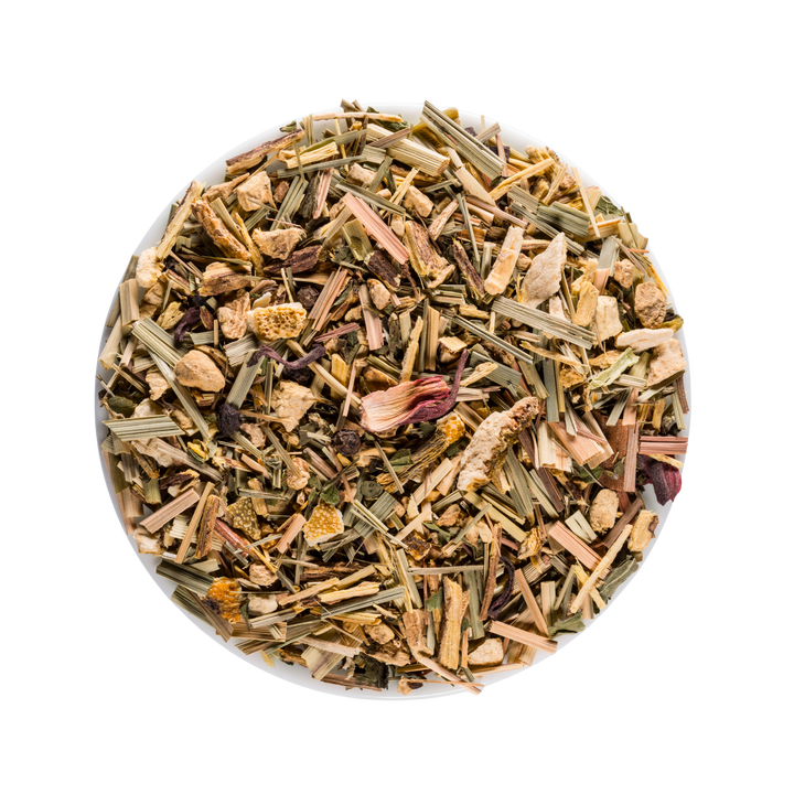 Assorted dried herbs and plants in a white bowl