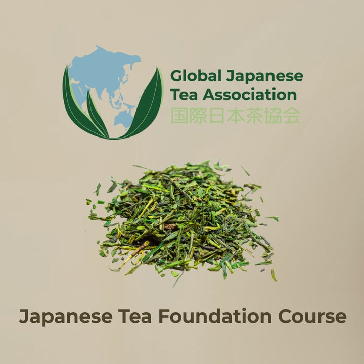 Green tea leaves on a white spoon with Global Japanese Tea Association logo below