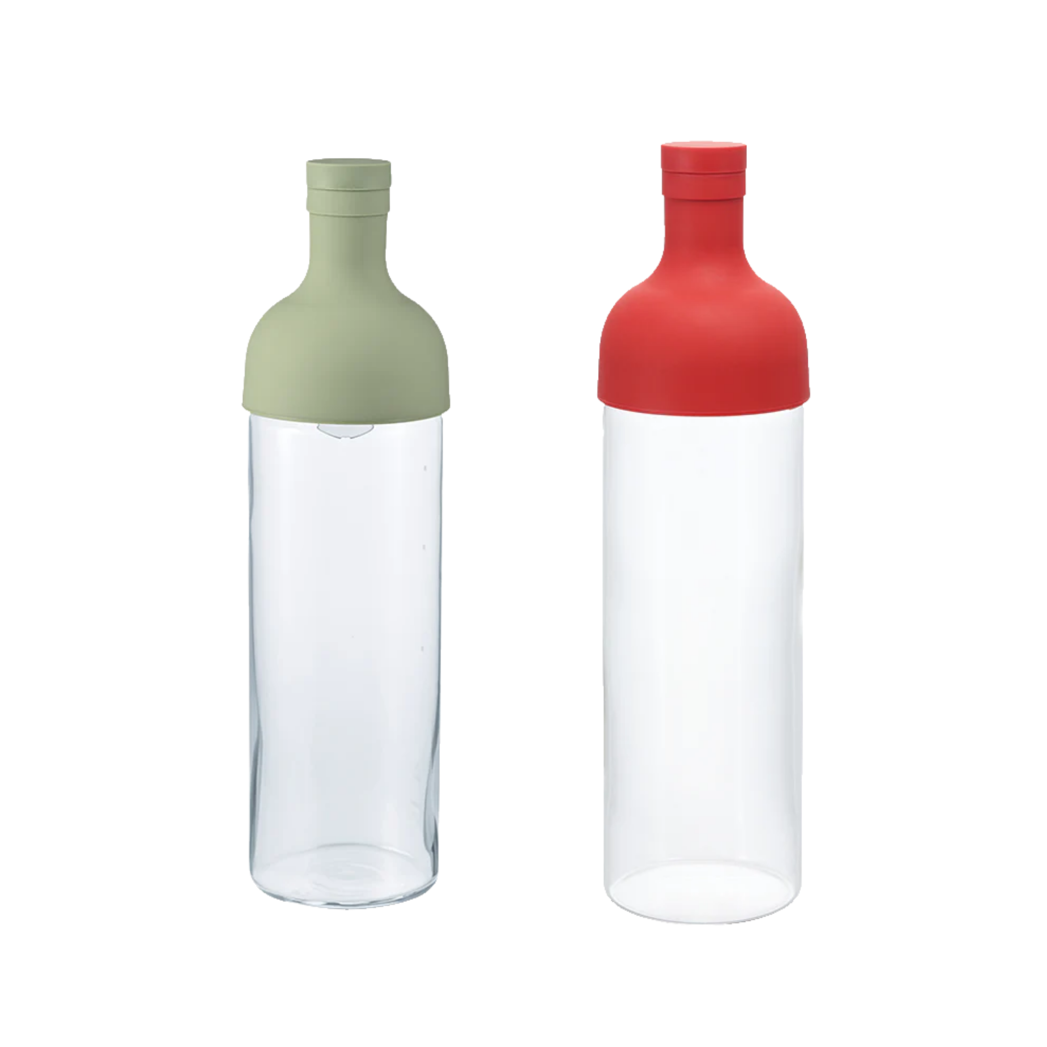 Two cold brew glass bottles with green and red top