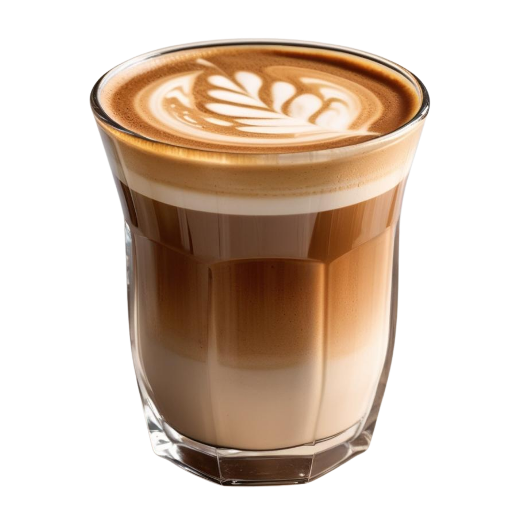 A layered hojicha latte in a clear faceted glass featuring a dark brown hojicha base, a creamy beige middle layer and a light tan top with white latte art