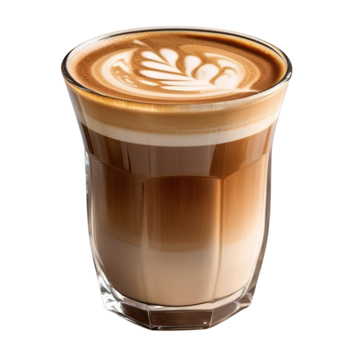 A layered hojicha latte in a clear faceted glass featuring a dark brown hojicha base, a creamy beige middle layer and a light tan top with white latte art