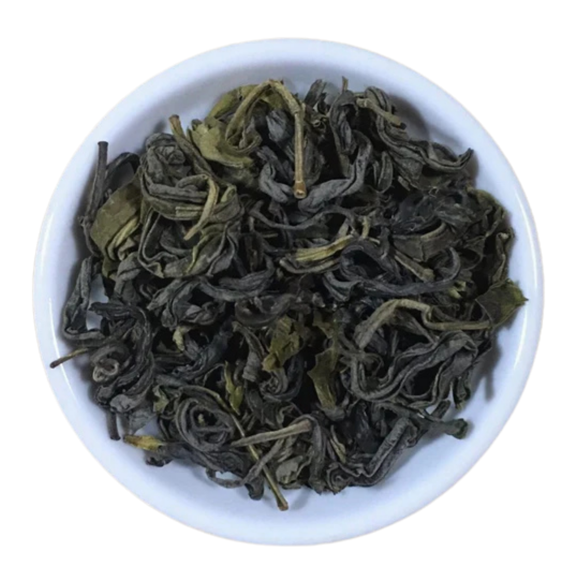 Dried curled loose-leaf tea leaves, dark olive green, presented in a small white ceramic plate