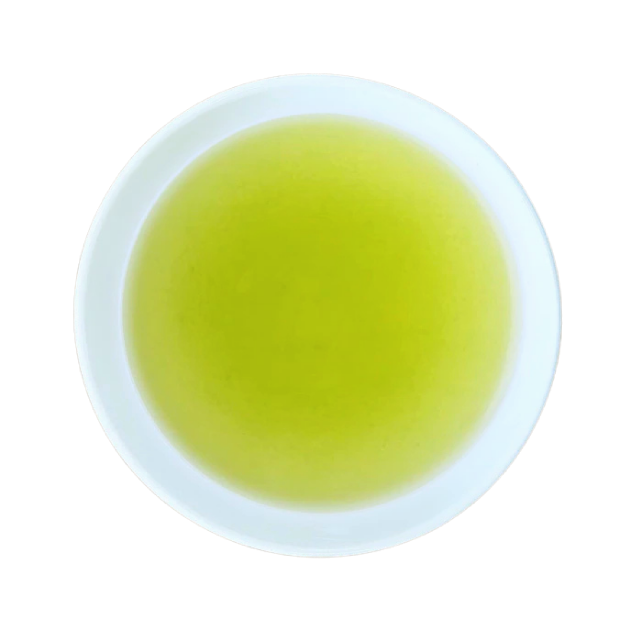 A top-down view of a white ceramic cup filled with a light yellow-green tea