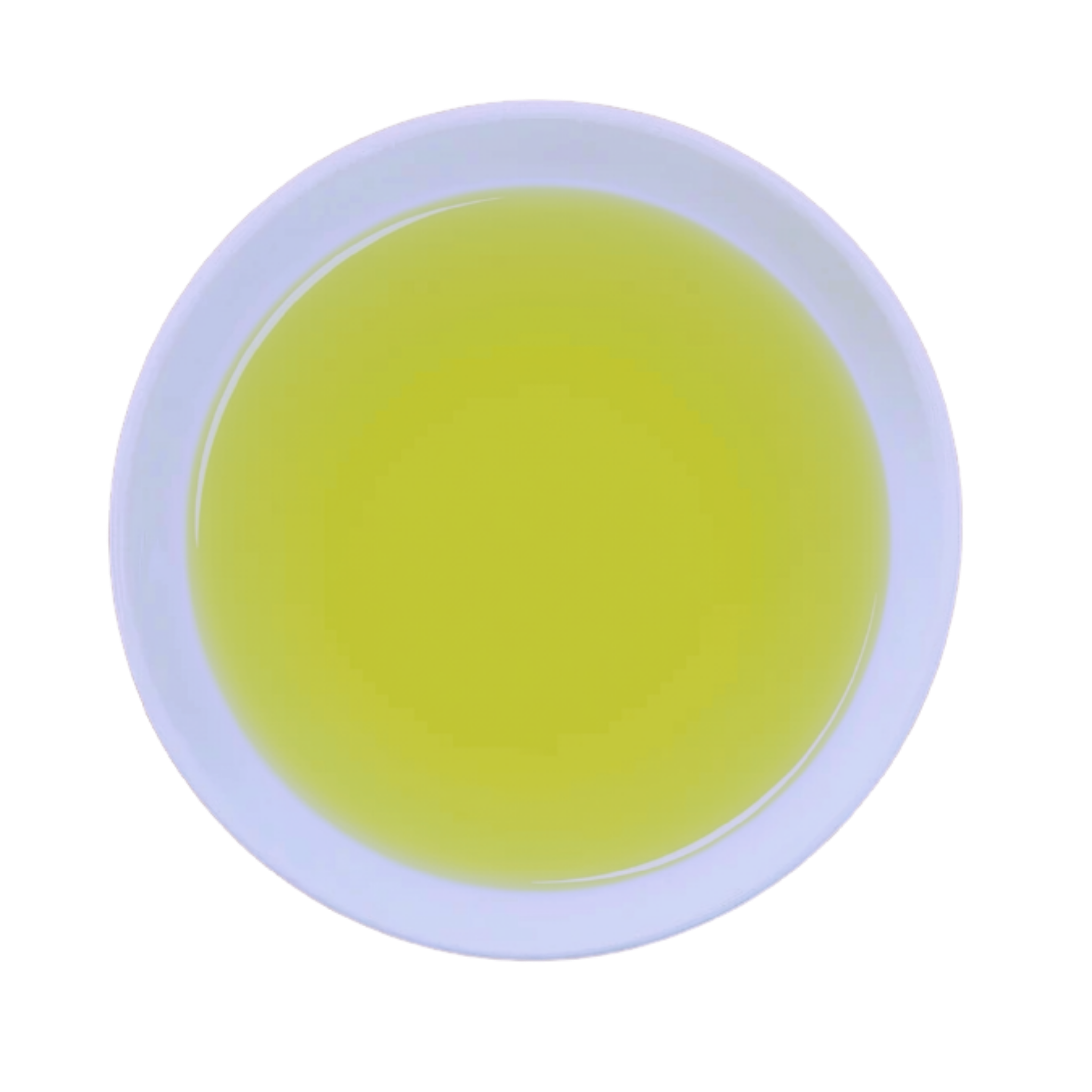 A top-down view of a white ceramic cup filled with a pale yellow-green tea