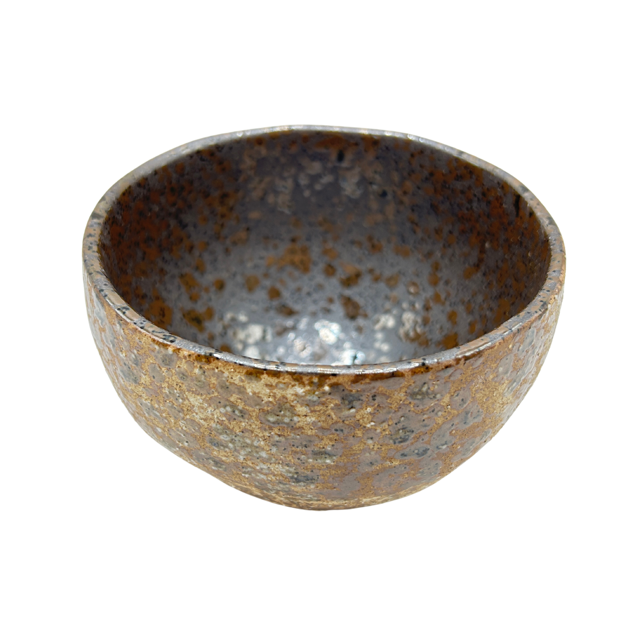 Japanese brown ceramic Matcha bowl with rough earthy surface and black-brown dotted inside