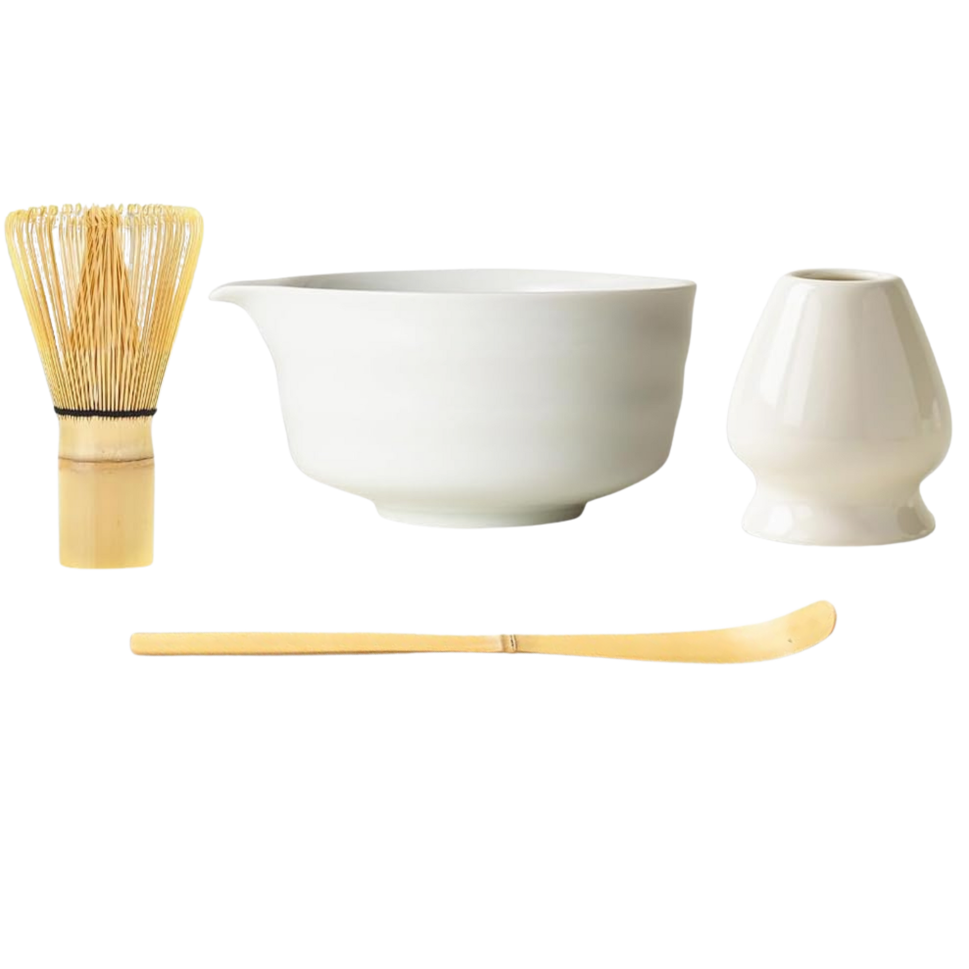 Japanese Matcha set with a white bowl, a bamboo whisk, a spoon and a whisk holder