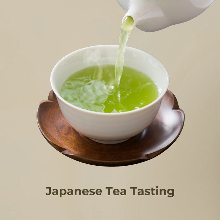 White bowl receiving green tea from a white teapot on a beige background with 'Japanese Tea Tasting' text.