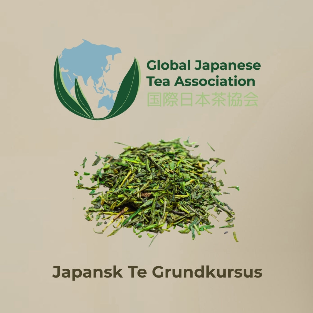 Green tea leaves with Global Japanese Tea Association logo on a beige background