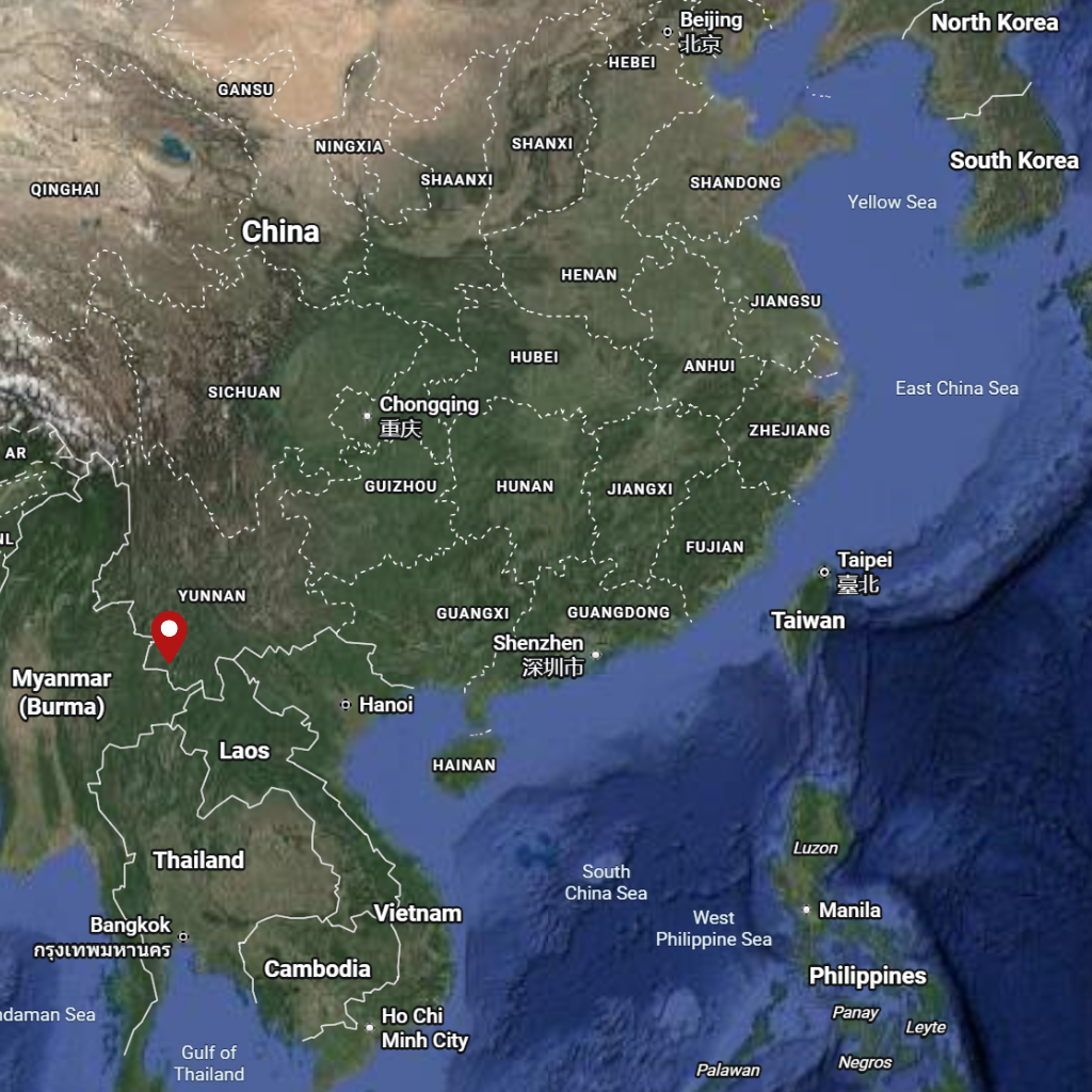 Map of East Asia with a red dot indicating Jingmai mountain