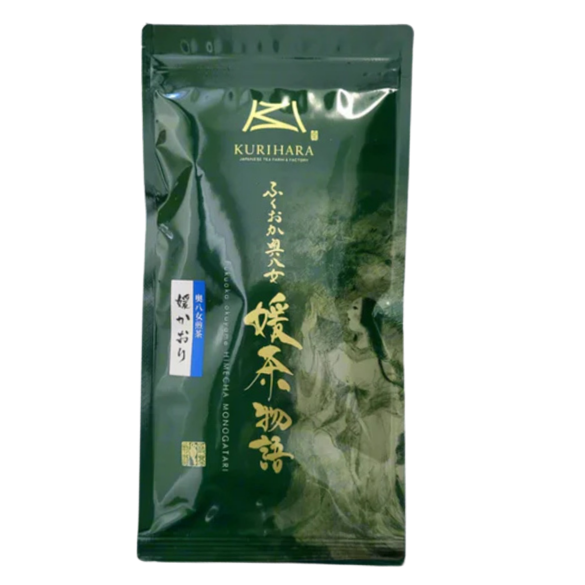 A dark green stand-up pouch of Kurihara Japanese Sencha tea, featuring gold text and signs