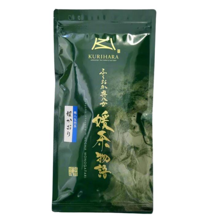 A dark green stand-up pouch of Kurihara Japanese Sencha tea, featuring gold text and signs