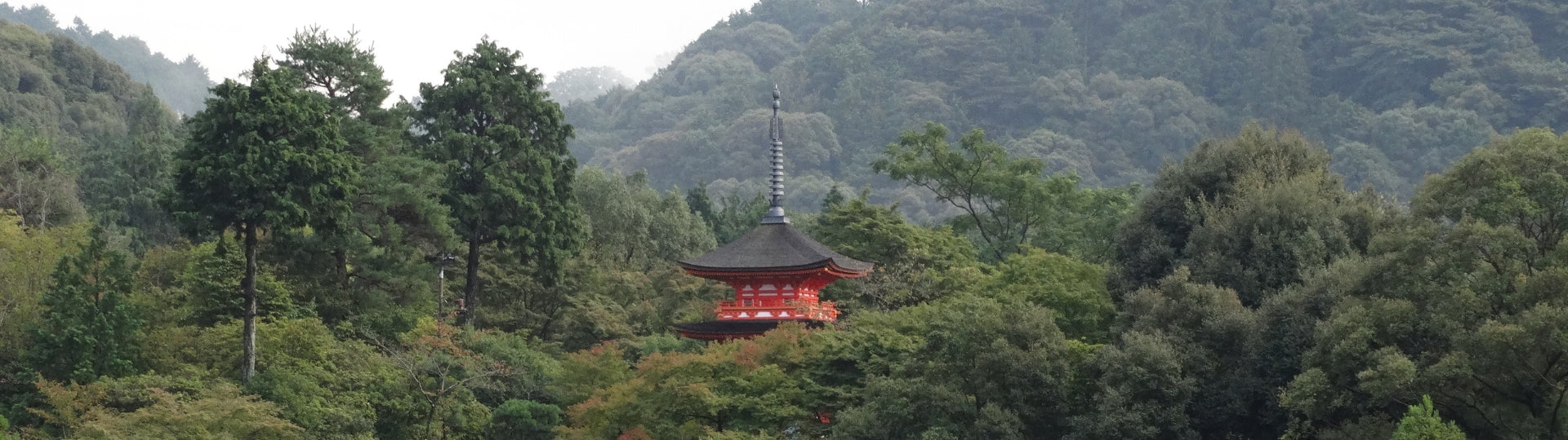 Traditional Japanese Shinto temple pagoda surrounded by green trees and mountains