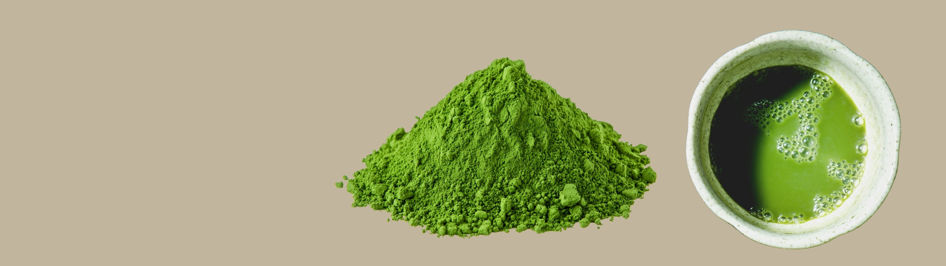 A pile of matcha powder next to a Chawan 