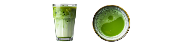 A glass of matcha latte seen from above and from the side