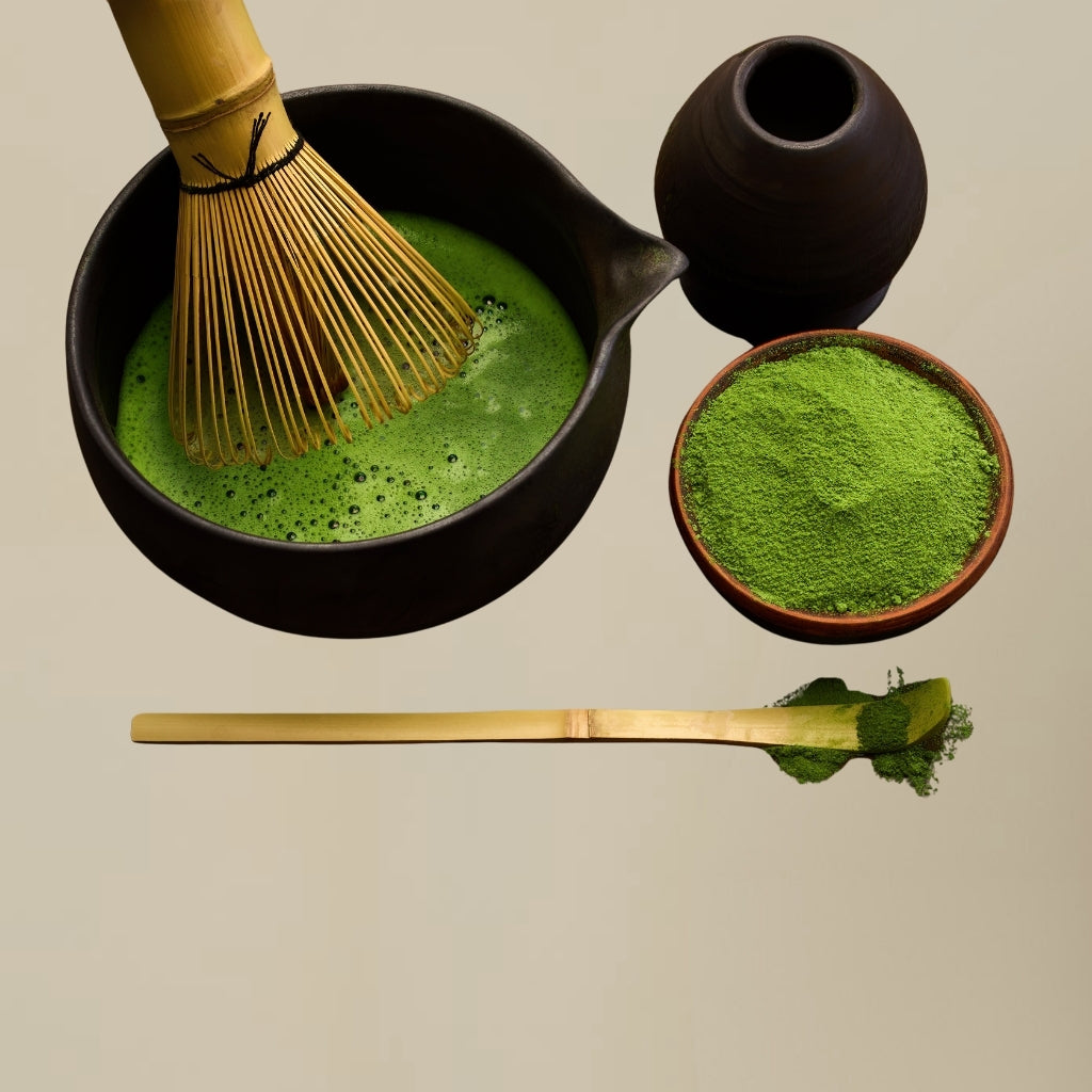 Matcha green tea preparation with a bowl, whisk, and container on a beige background
