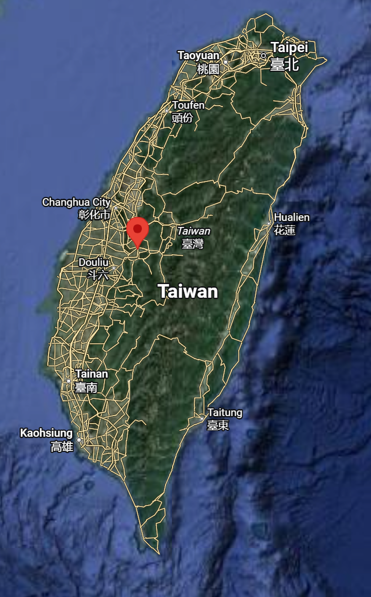 Map of Taiwan with a red dot indicating Mingjiang village