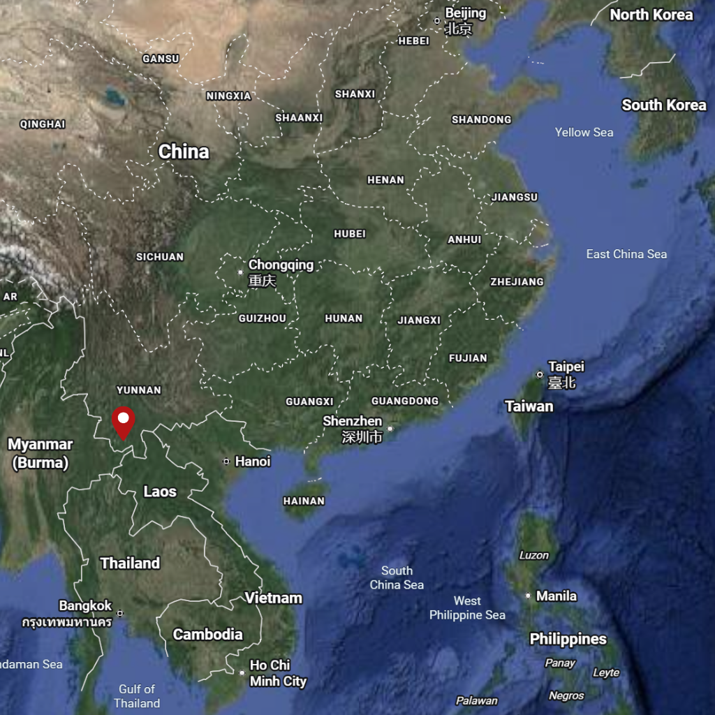 Map of East Asia with a red marker on Nannuo mountain in Yunnan China