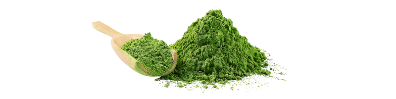 Wooden spoon with matcha powder next to a pile of matcha