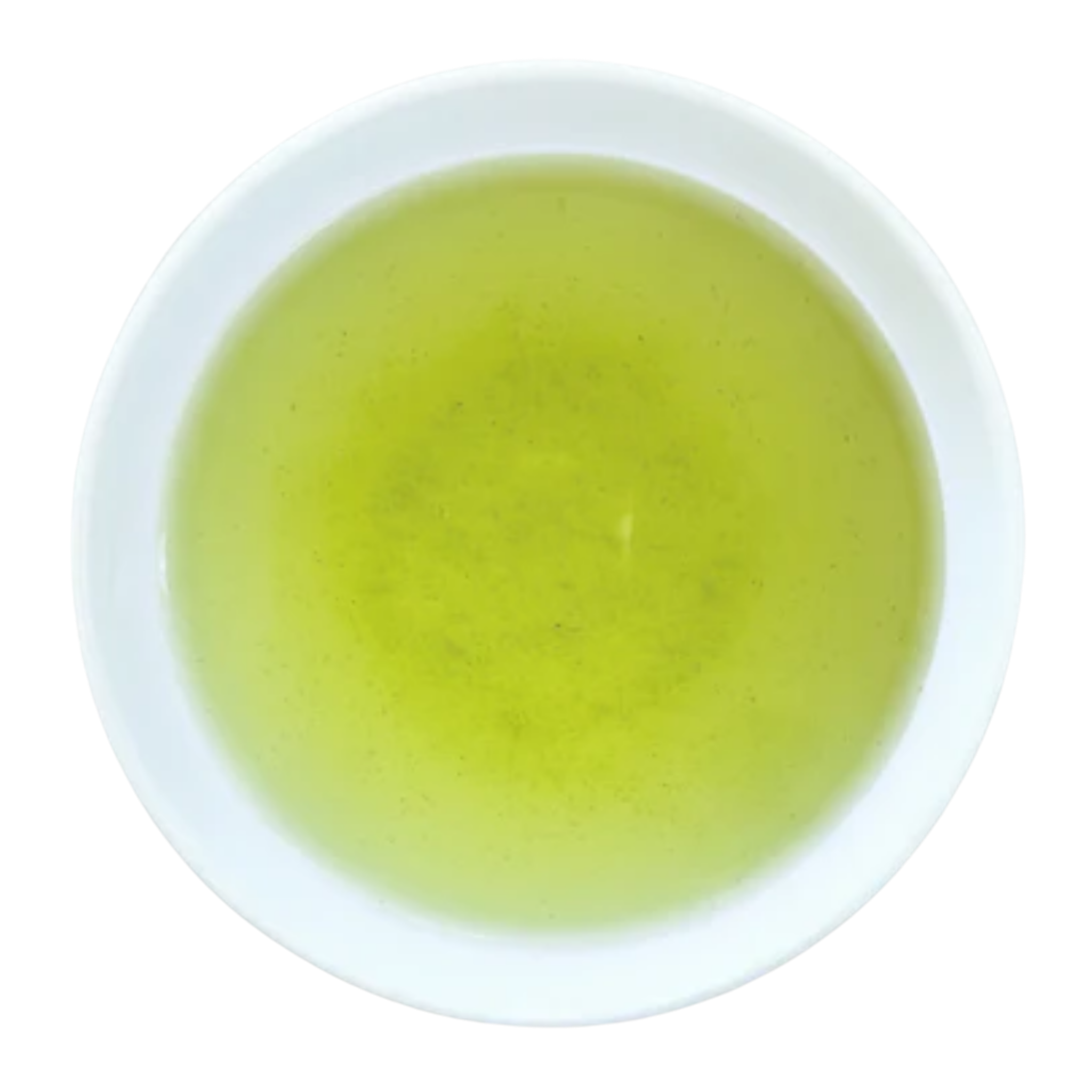A top-down view of a light yellow-green tea served in a white ceramic cup