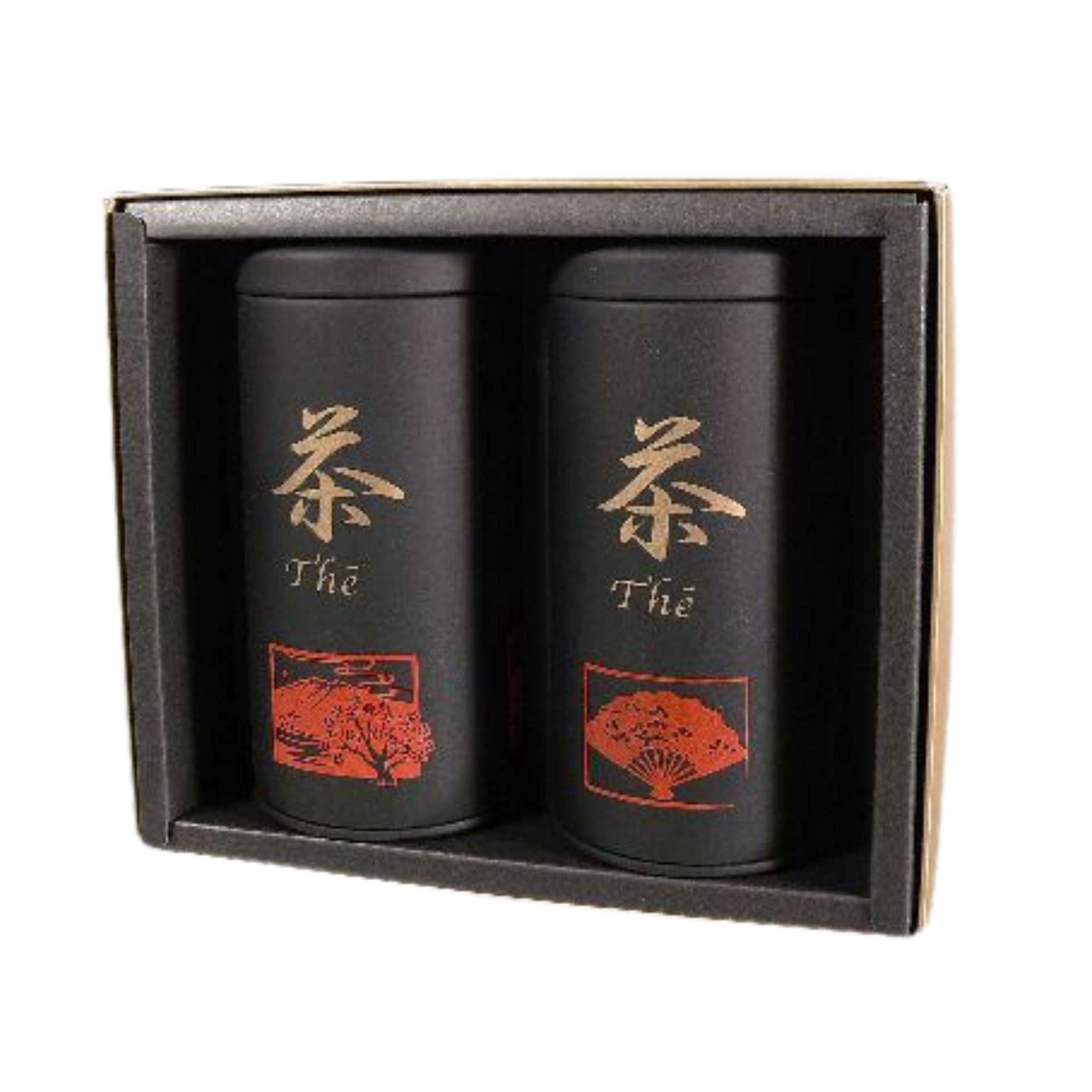 Two black tea canisters with red and gold designs in a box