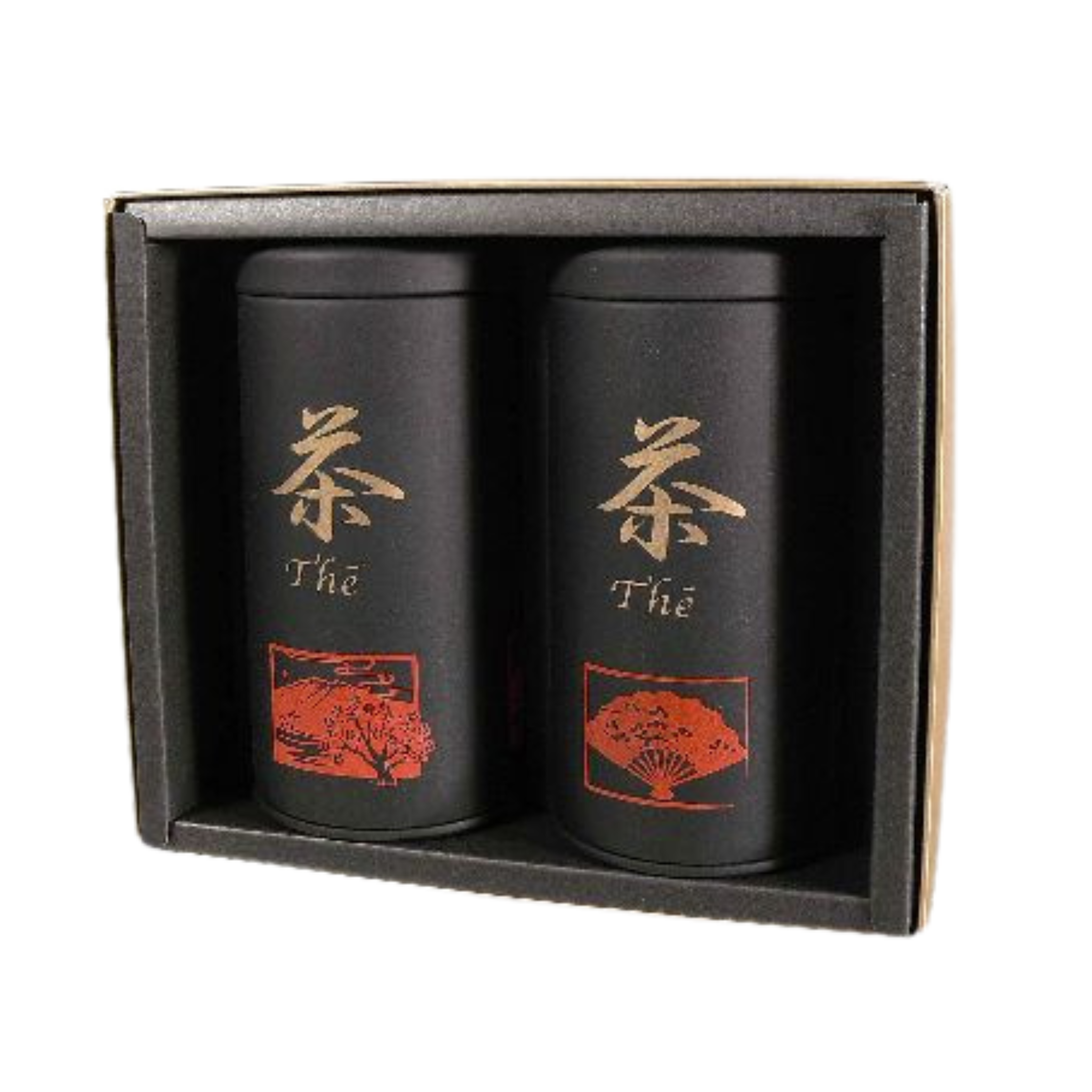 Two black tea canisters with red and gold designs in a box