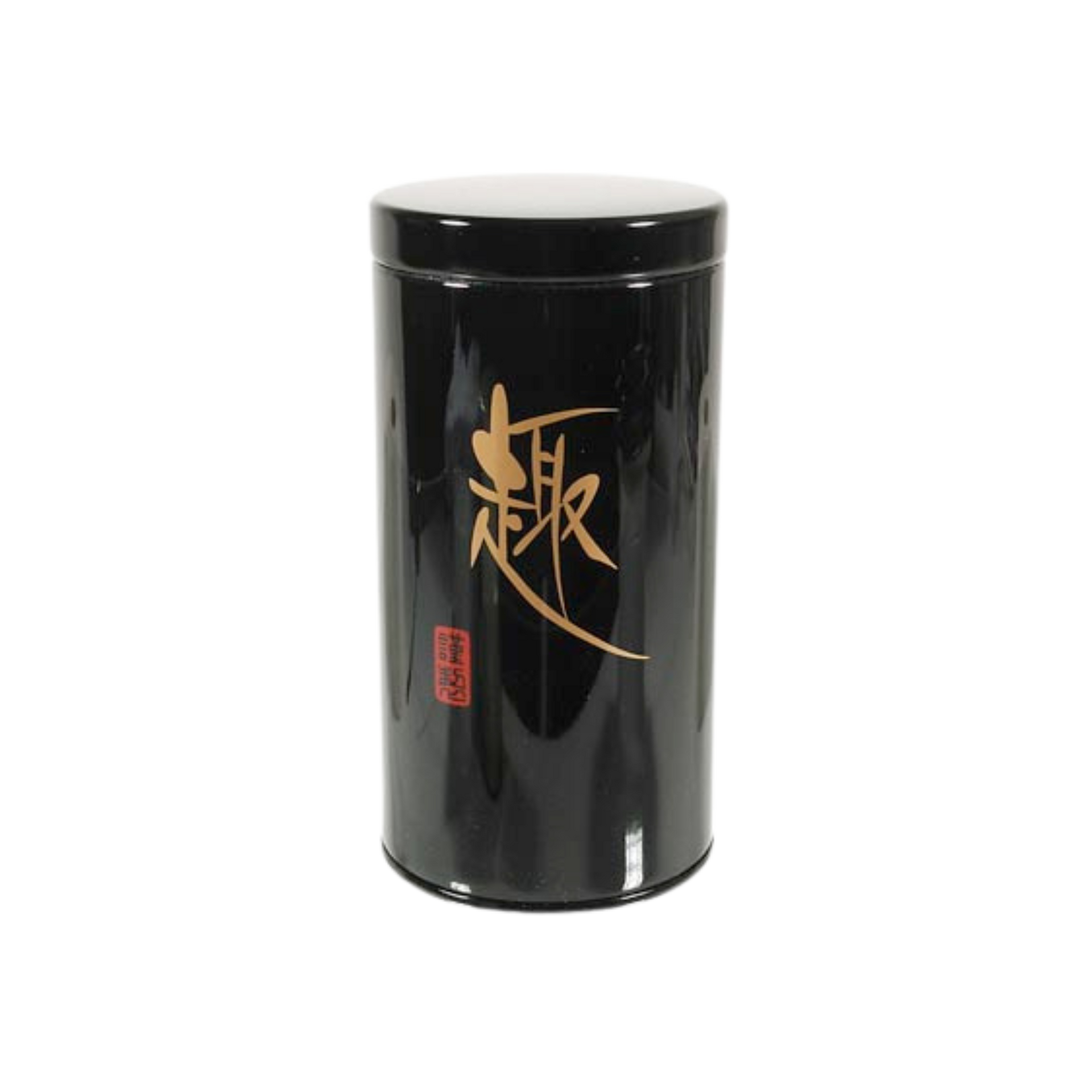 Black cylindrical tea container with gold and red text