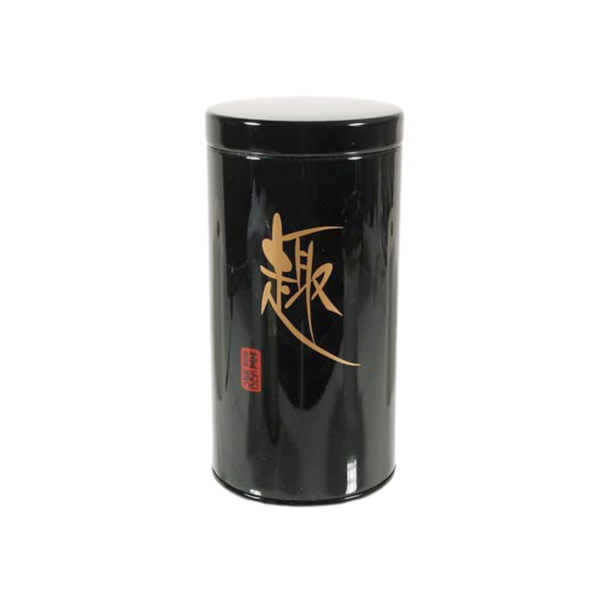 Black cylindrical tea container with gold and red text