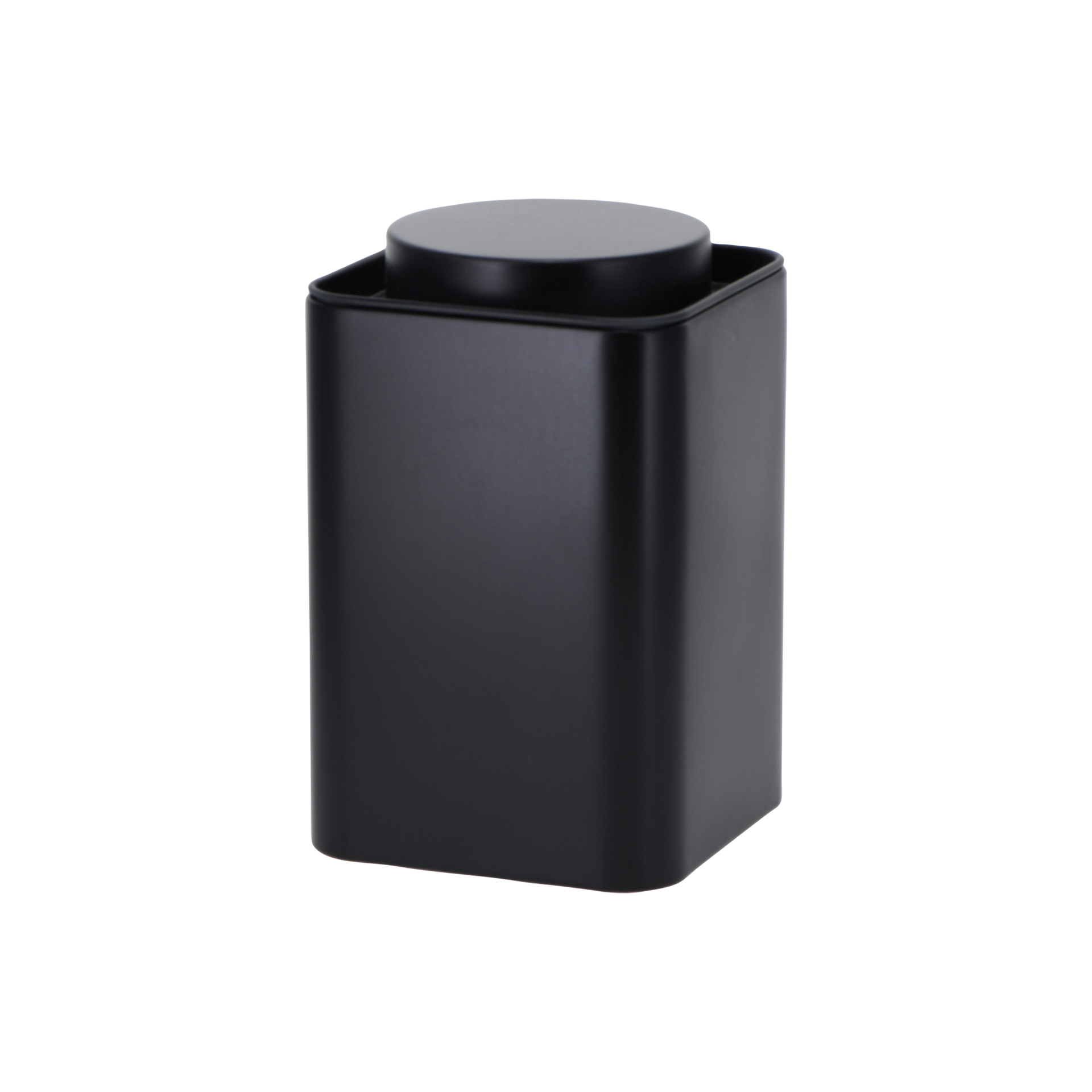 Black rectangular tea can with a round lid 