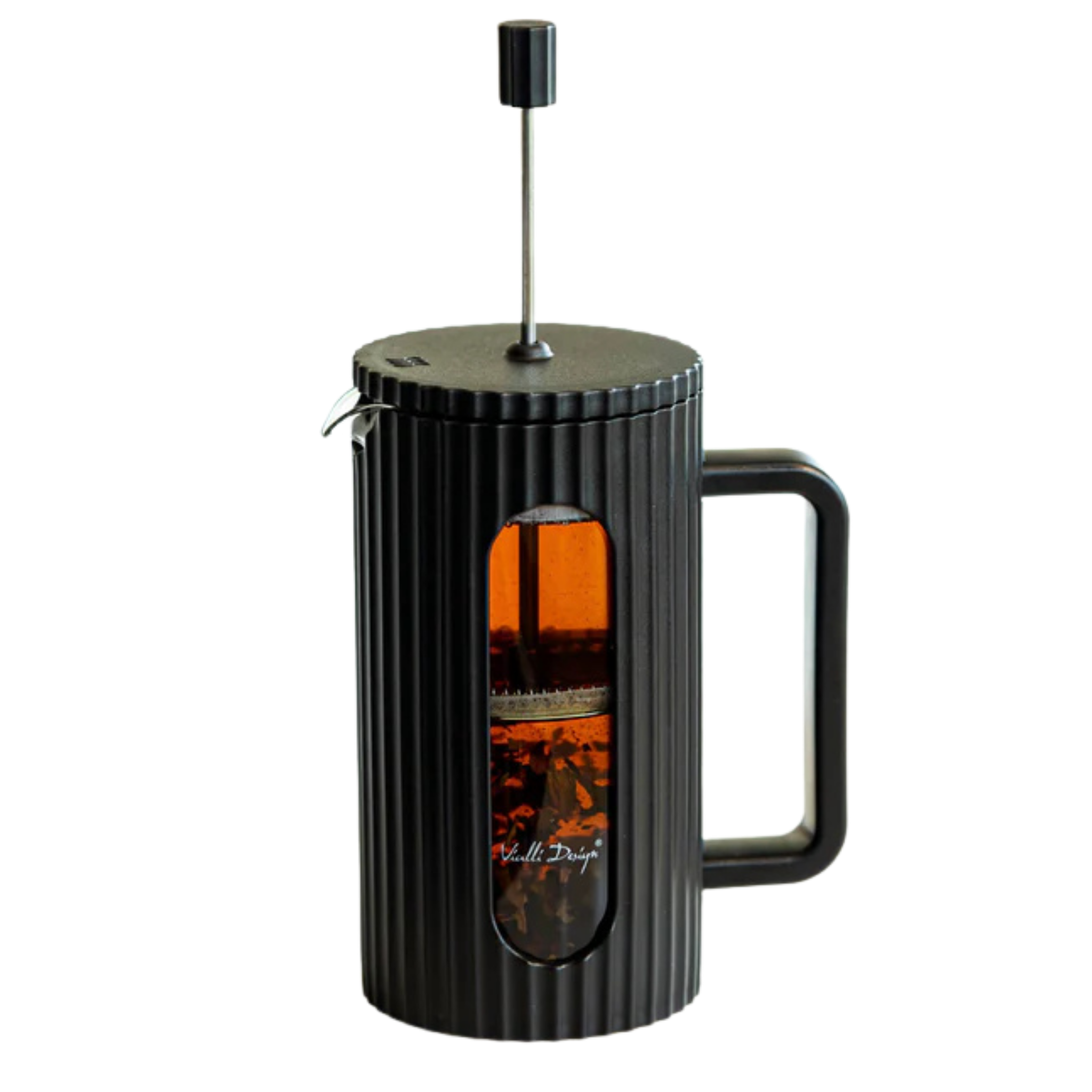 Black ribbed French press tea brewer with tea inside