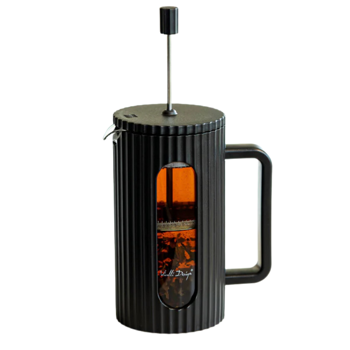 Black ribbed French press tea brewer with tea inside
