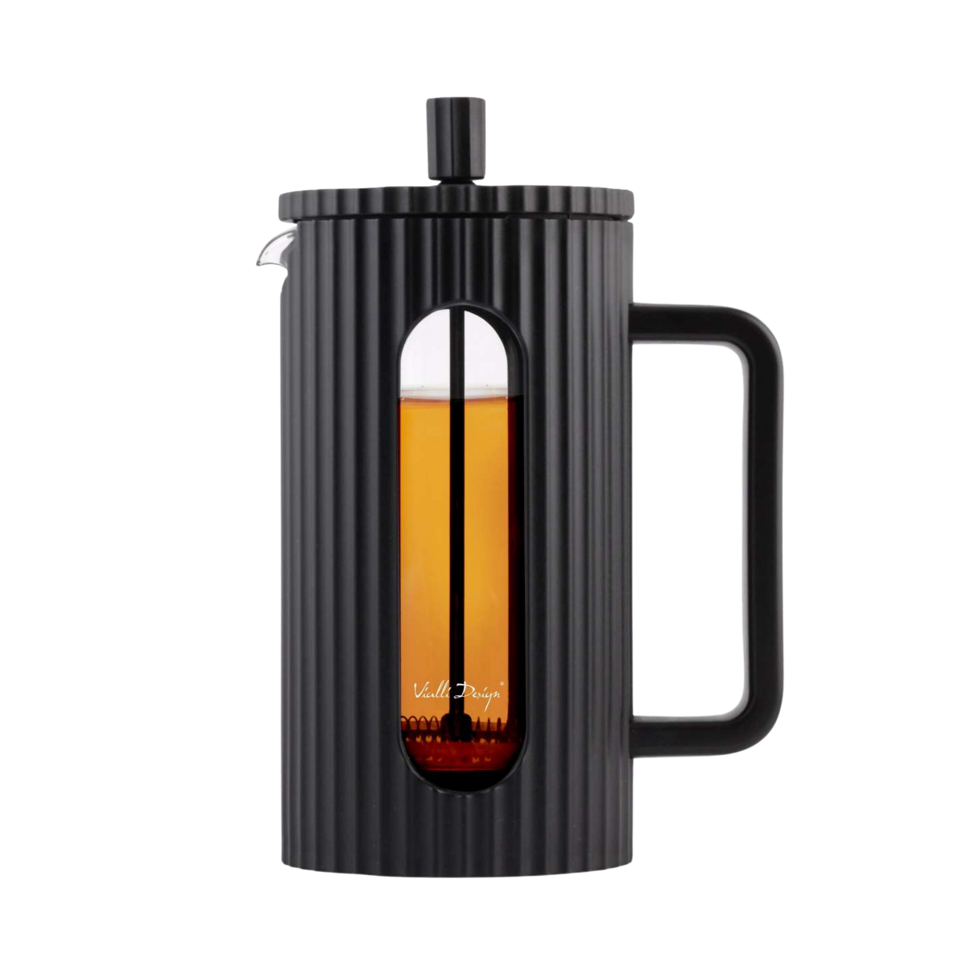 Black French press tea brewer with a clear window showing tea being brewed