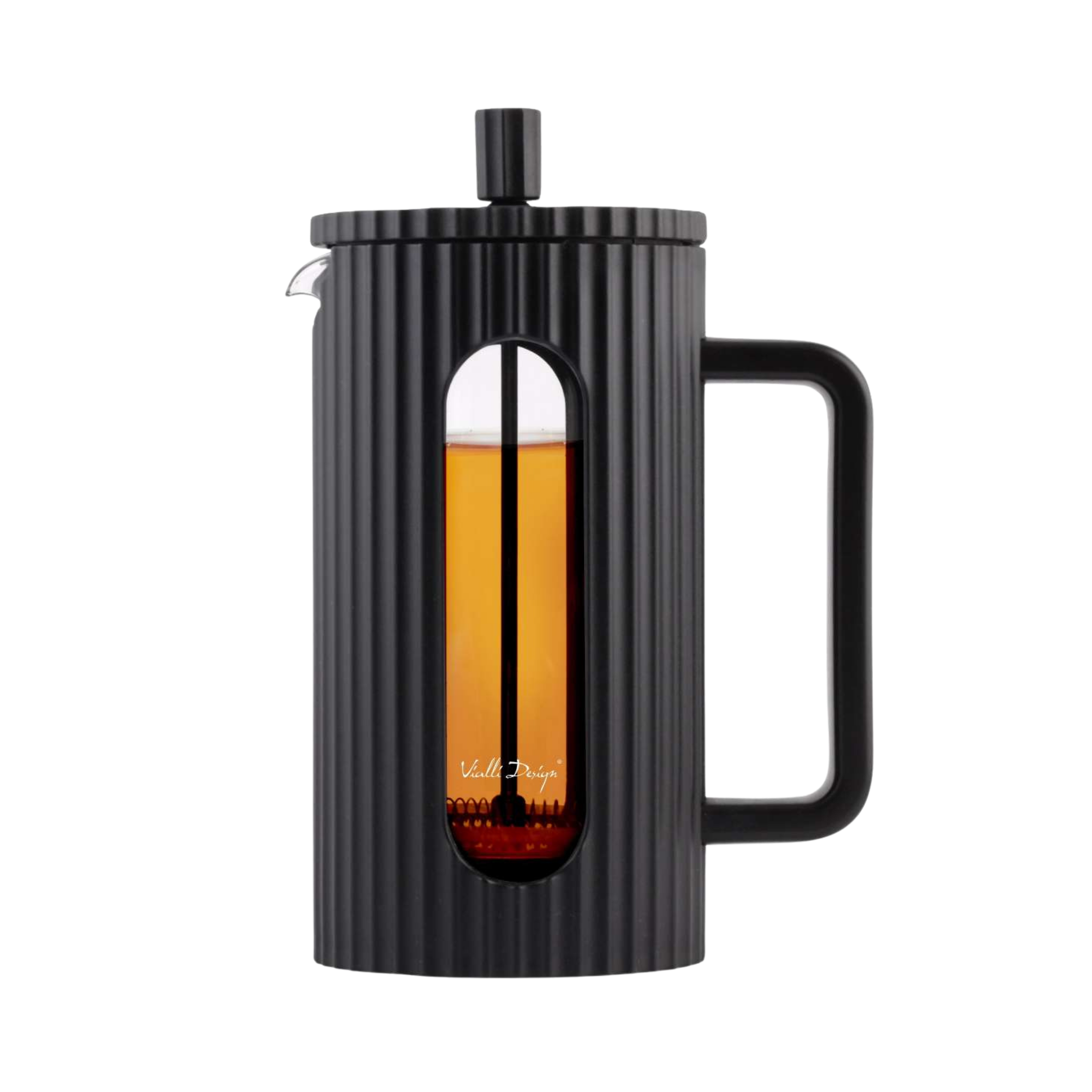 Black French press tea brewer with a clear window showing tea being brewed