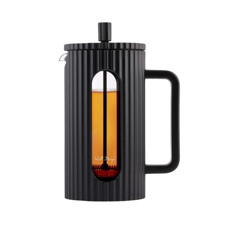 Black French press tea brewer with a clear window showing tea being brewed