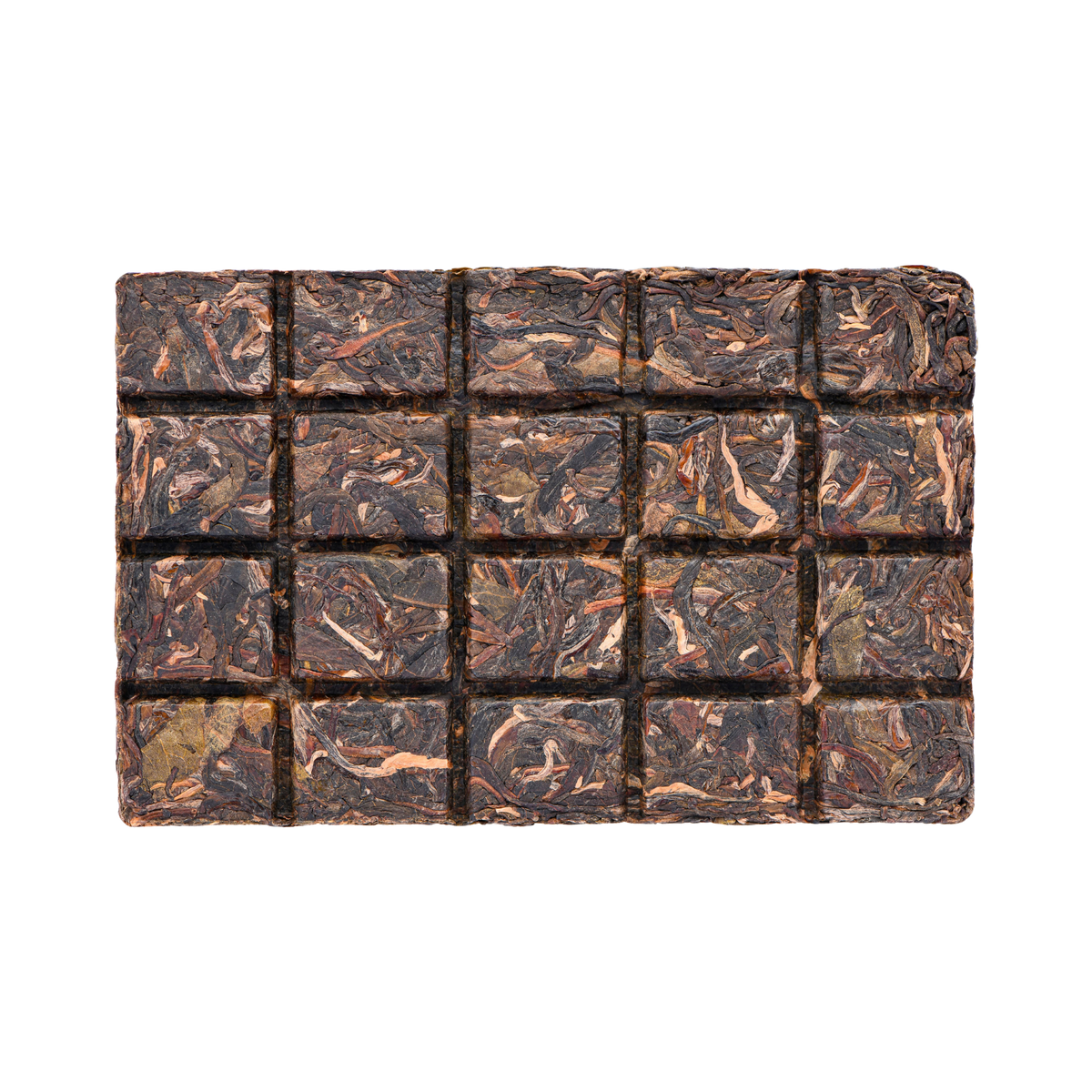 Compressed square tea cake with dark-brown and lighter brown tea leaves divided in small break-off squares