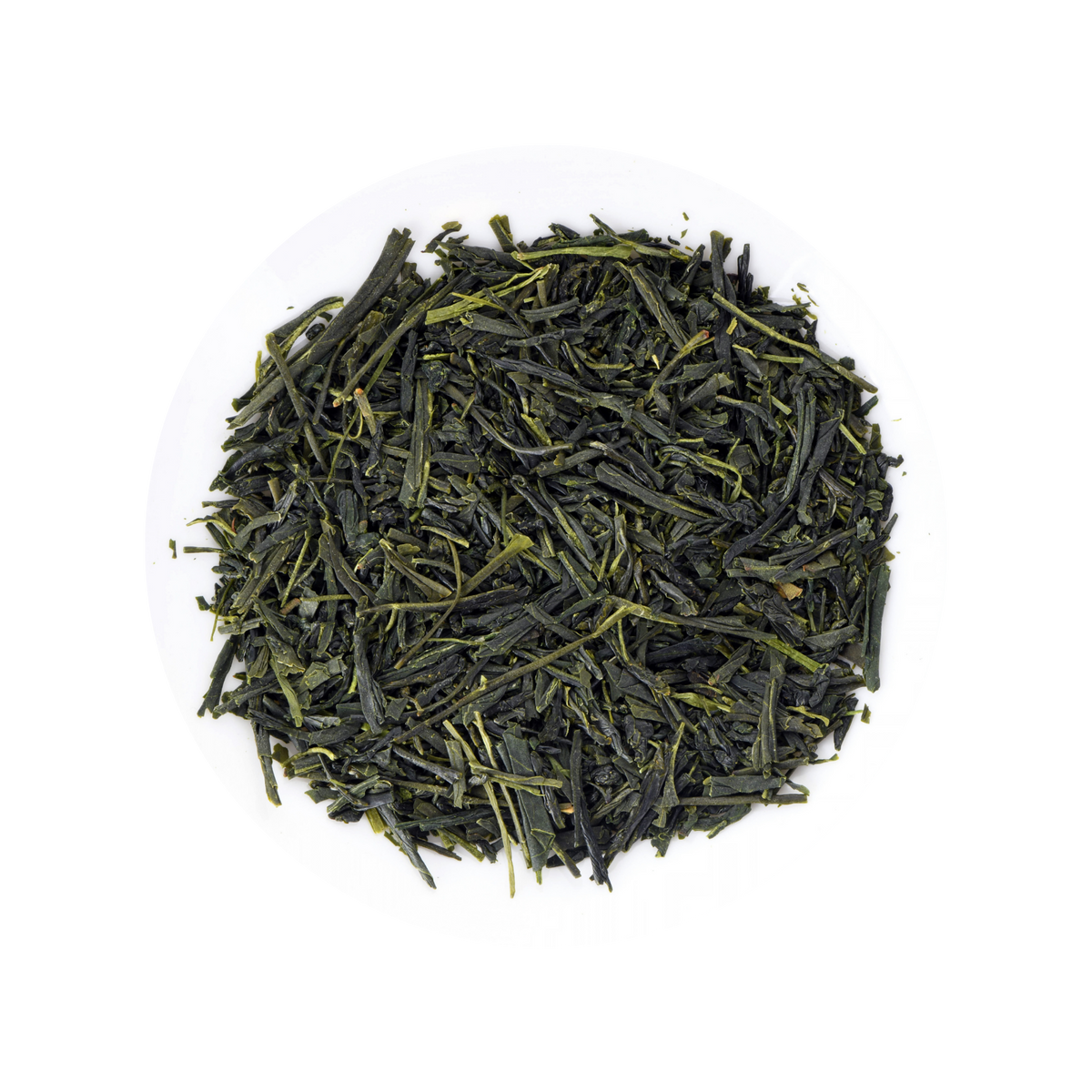 Loose-leaf green tea leaves piled in a circular mound on a white plate