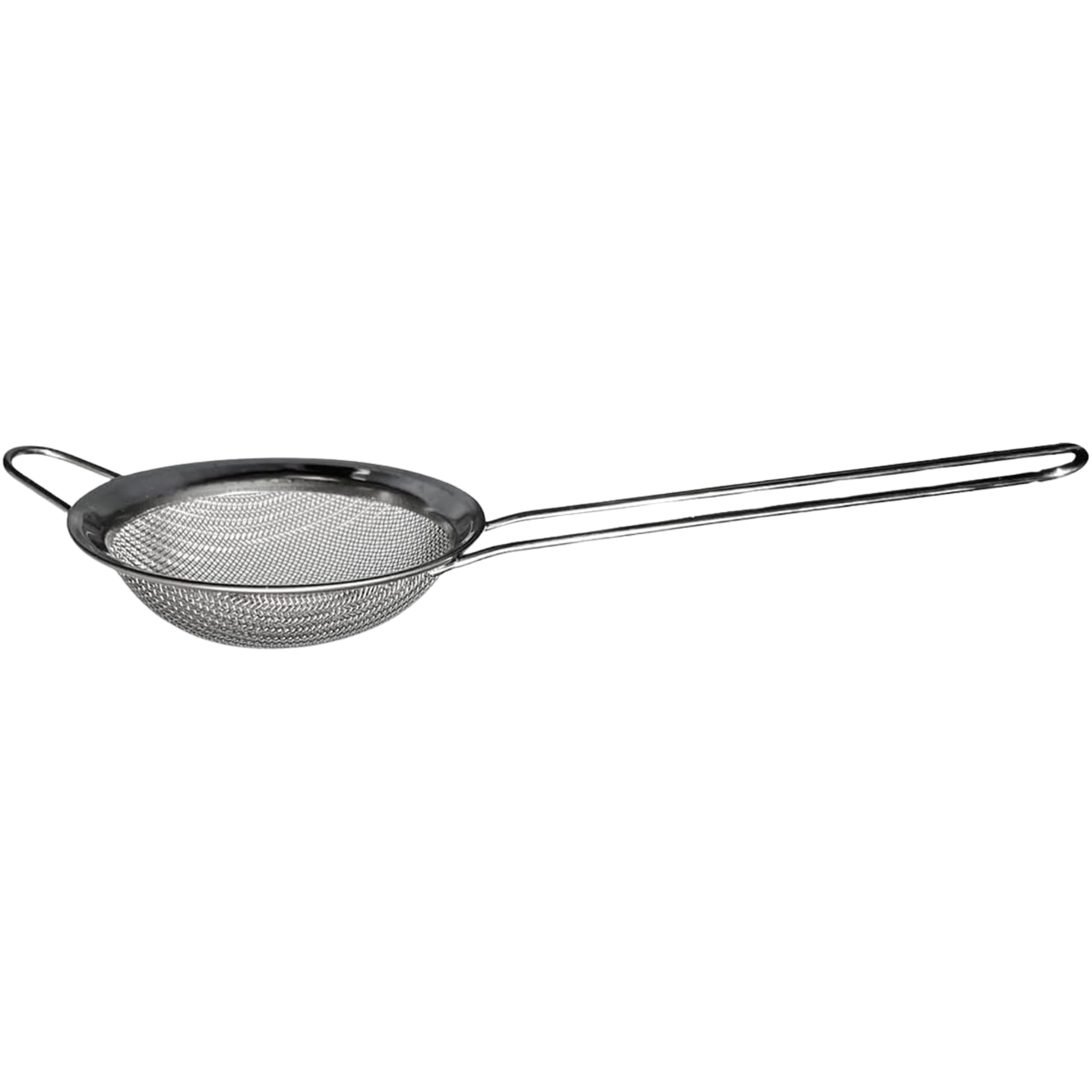 Stainless steel strainer with a handle seen from the side