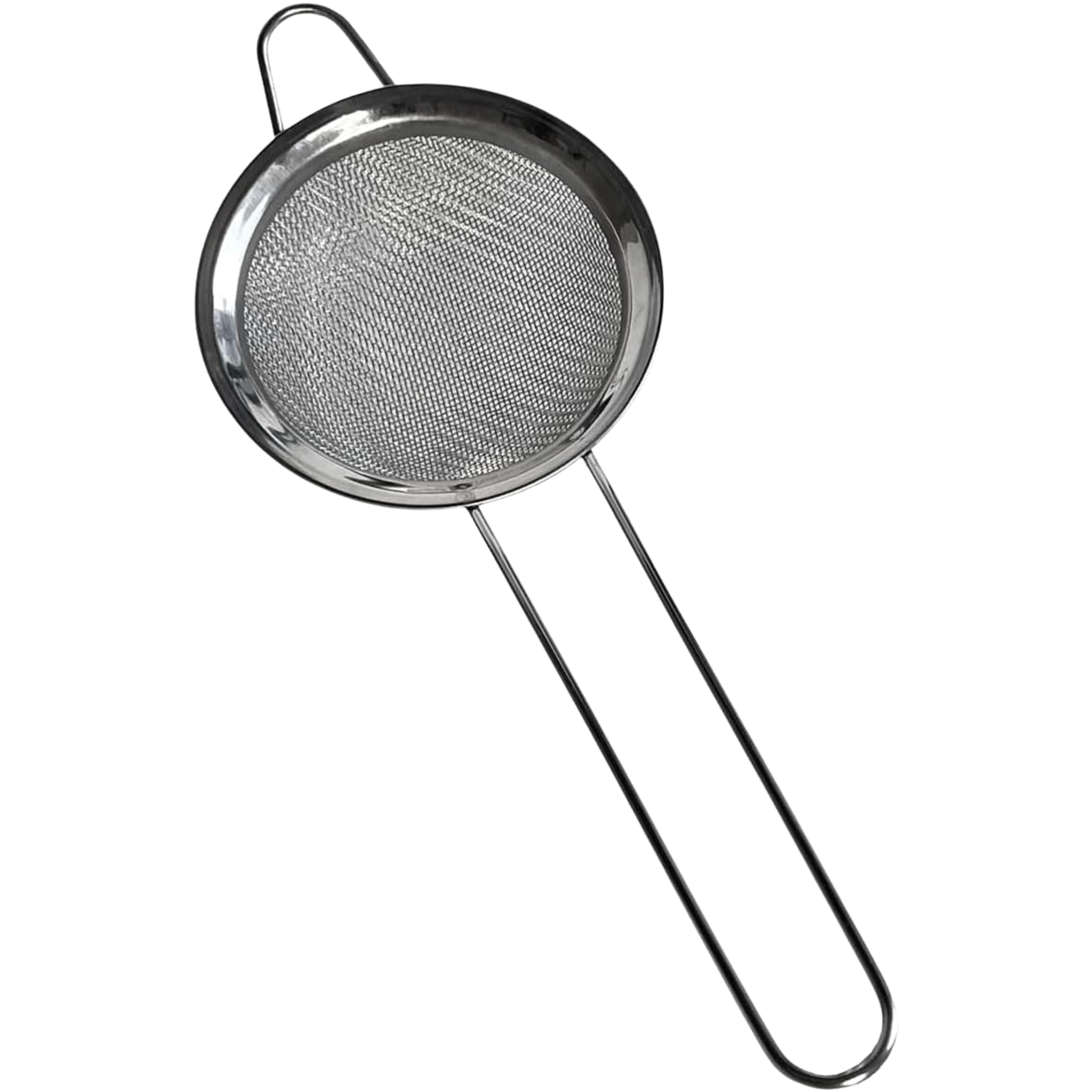 Stainless steel strainer with a handle seen from the top