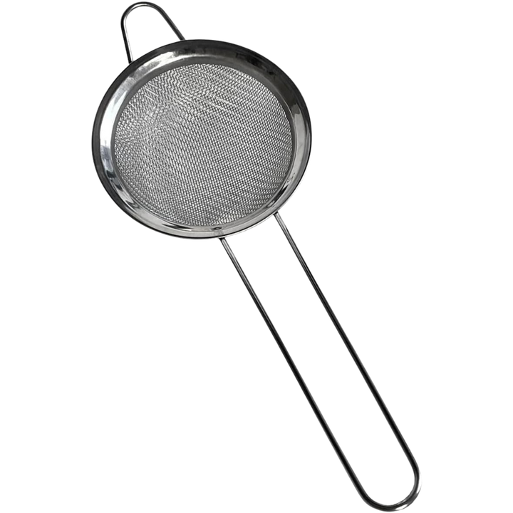 Stainless steel strainer with a handle seen from the top